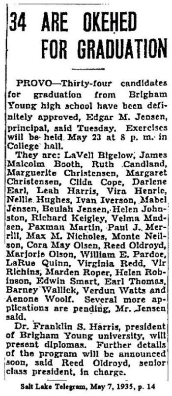 BYH Class of 1935, Salt Lake Telegram, May 7, 1935