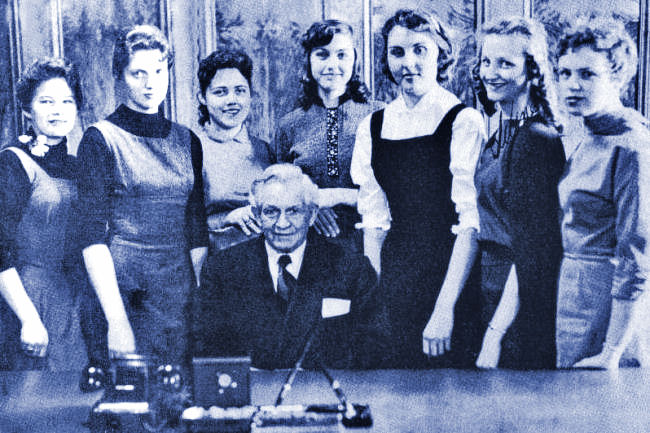 Pres. David O. McKay with women on BYH yearbook 57