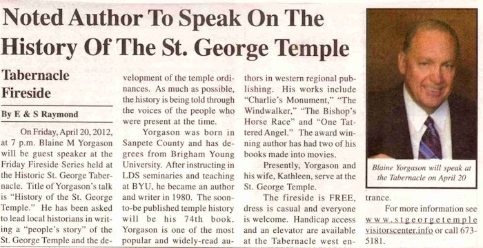 Blaine Yorgason - 2012 News Article